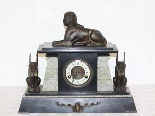 Beautiful Egyptian-style black french slate & grey marble mantle clock w Sphinx & Androsphinx RS17CL