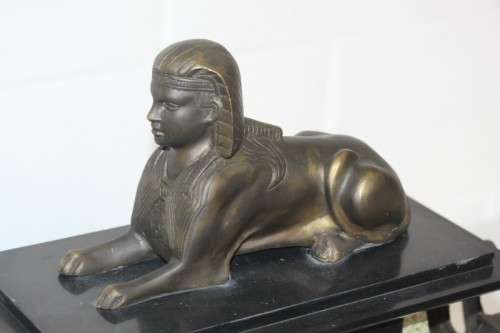 Beautiful Egyptian-style black french slate & grey marble mantle clock w Sphinx & Androsphinx RS17CL
