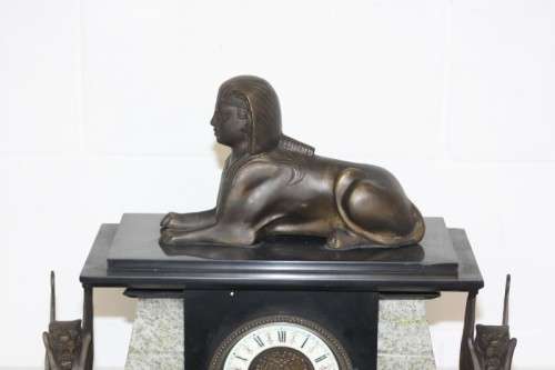 Beautiful Egyptian-style black french slate & grey marble mantle clock w Sphinx & Androsphinx RS17CL