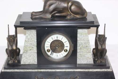 Beautiful Egyptian-style black french slate & grey marble mantle clock w Sphinx & Androsphinx RS17CL