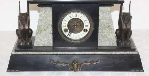 Beautiful Egyptian-style black french slate & grey marble mantle clock w Sphinx & Androsphinx RS17CL