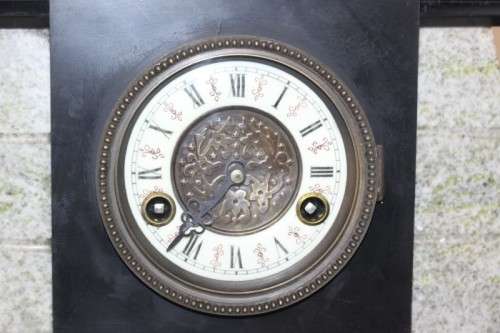 Beautiful Egyptian-style black french slate & grey marble mantle clock w Sphinx & Androsphinx RS17CL