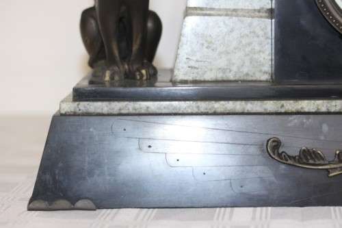 Beautiful Egyptian-style black french slate & grey marble mantle clock w Sphinx & Androsphinx RS17CL