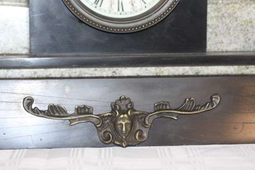 Beautiful Egyptian-style black french slate & grey marble mantle clock w Sphinx & Androsphinx RS17CL