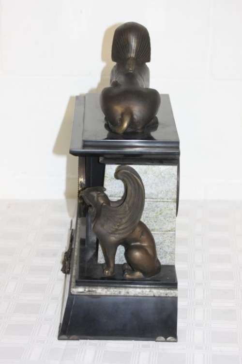 Beautiful Egyptian-style black french slate & grey marble mantle clock w Sphinx & Androsphinx RS17CL