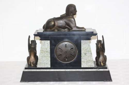 Beautiful Egyptian-style black french slate & grey marble mantle clock w Sphinx & Androsphinx RS17CL