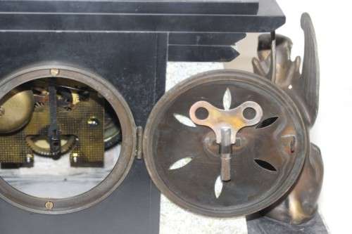 Beautiful Egyptian-style black french slate & grey marble mantle clock w Sphinx & Androsphinx RS17CL