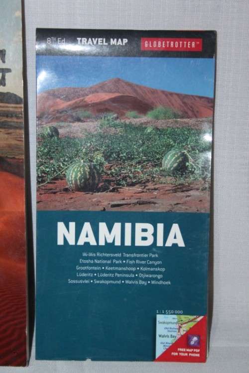 Two geographical books on navigation in Namibia, including a compact travel map