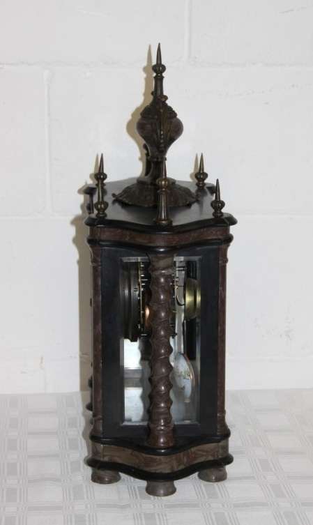 **RS17** A larger red marble & glass double-door pendulum mantle clock w/ a porcelain dial .