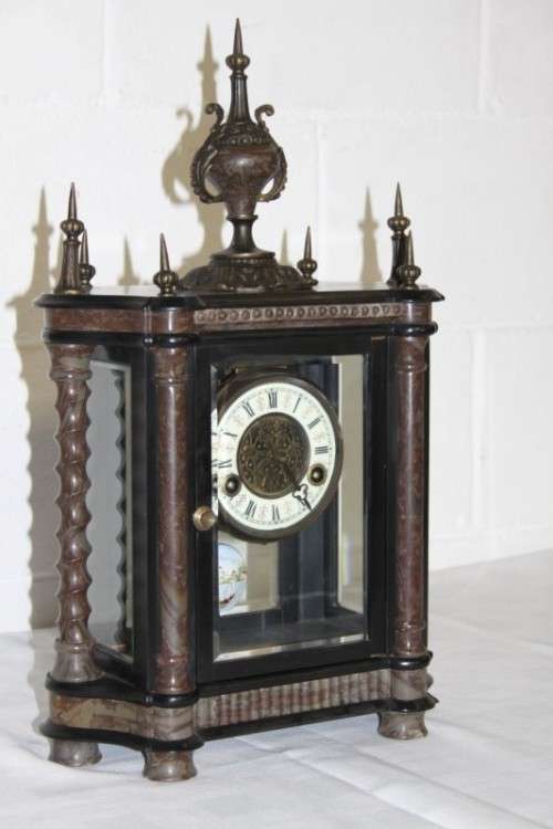 **RS17** A larger red marble & glass double-door pendulum mantle clock w/ a porcelain dial .