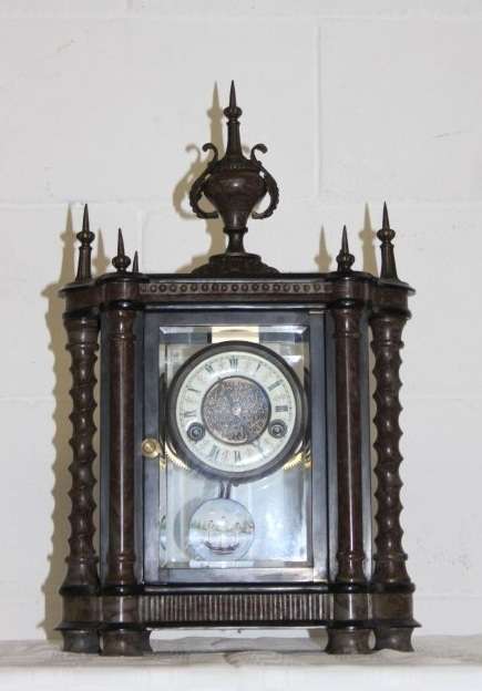 **RS17** A larger red marble & glass double-door pendulum mantle clock w/ a porcelain dial .