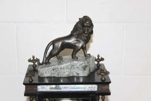 An exquisite tall "Bronze Lion" marble & glass panelled mantle clock w enamelled detailing - RS17CL
