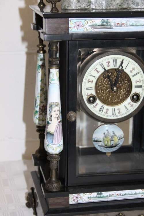 An exquisite tall "Bronze Lion" marble & glass panelled mantle clock w enamelled detailing - RS17CL