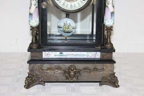 An exquisite tall "Bronze Lion" marble & glass panelled mantle clock w enamelled detailing - RS17CL