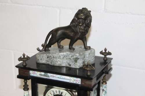 An exquisite tall "Bronze Lion" marble & glass panelled mantle clock w enamelled detailing - RS17CL
