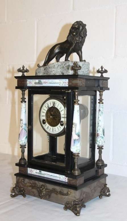 An exquisite tall "Bronze Lion" marble & glass panelled mantle clock w enamelled detailing - RS17CL