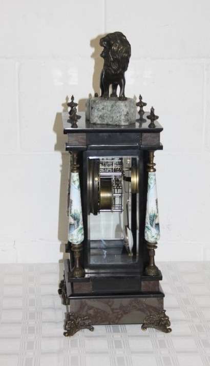 An exquisite tall "Bronze Lion" marble & glass panelled mantle clock w enamelled detailing - RS17CL