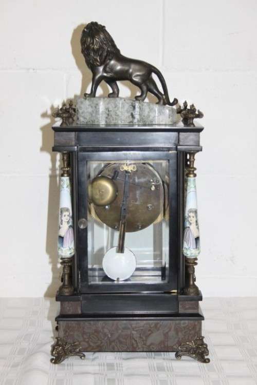 An exquisite tall "Bronze Lion" marble & glass panelled mantle clock w enamelled detailing - RS17CL