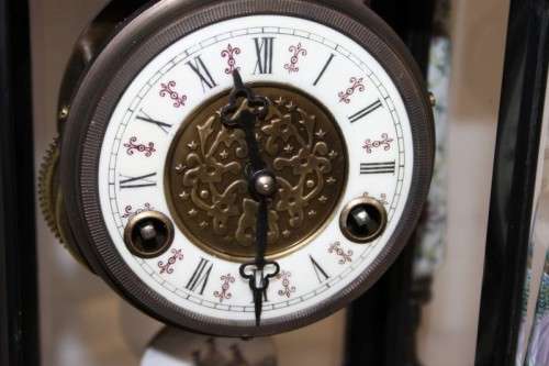 An exquisite tall "Bronze Lion" marble & glass panelled mantle clock w enamelled detailing - RS17CL