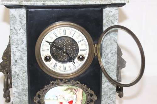 An incredible Italian grey granite & French black slate bronze Lion mantle clock