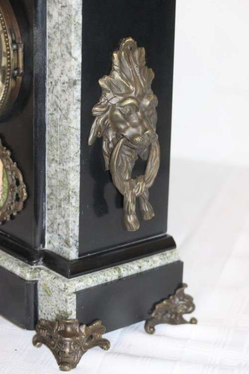 An incredible Italian grey granite & French black slate bronze Lion mantle clock