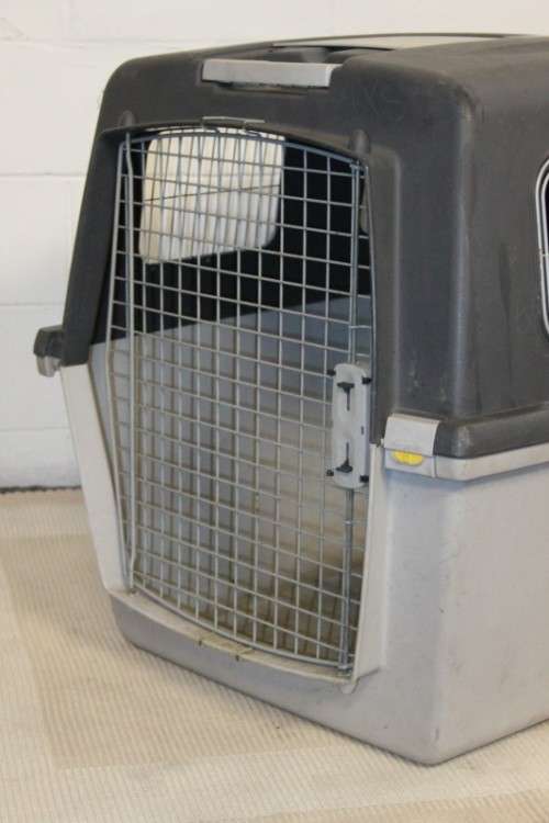 A large pet kennel/ travel case with two storage compartments on top