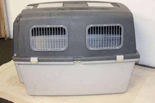 A large pet kennel/ travel case with two storage compartments on top