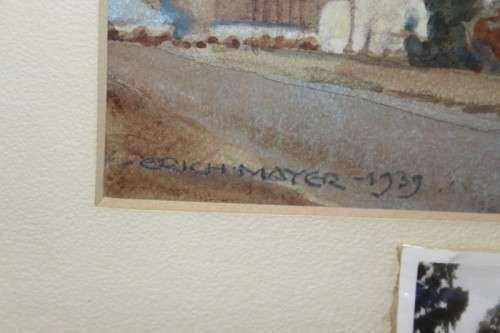 A beautiful original framed Erich Mayer (1876 to 1960) landscape watercolour painting titled "Huise"