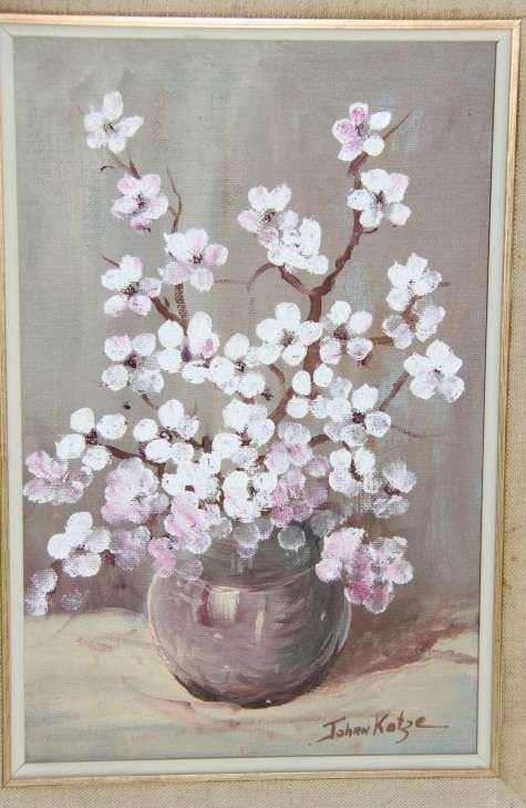**RS17** An original framed oil on board painting of a vase of pink and white flowers by Johan Kotze