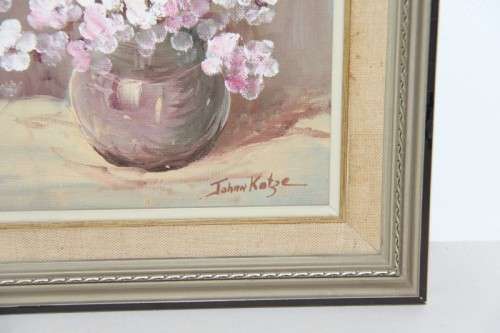 **RS17** An original framed oil on board painting of a vase of pink and white flowers by Johan Kotze