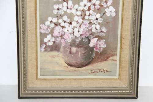 **RS17** An original framed oil on board painting of a vase of pink and white flowers by Johan Kotze