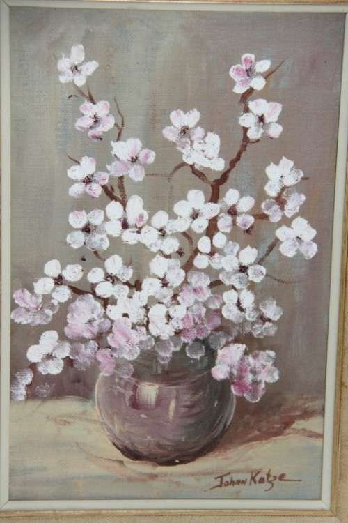 **RS17** An original framed oil on board painting of a vase of pink and white flowers by Johan Kotze