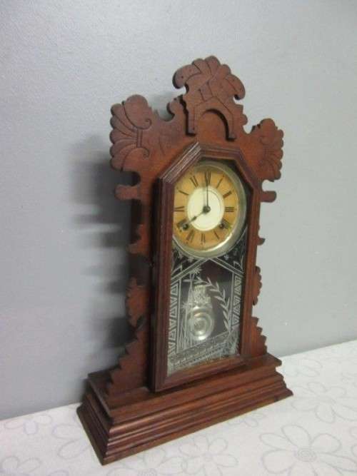 A spectacular & rare antique Ansonia "Gingerbread" shelf mantle clock w/ an etched glass door RS17CL