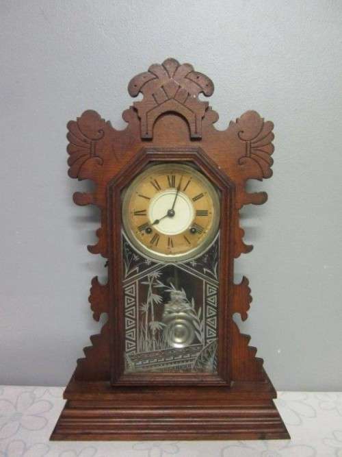 A spectacular & rare antique Ansonia "Gingerbread" shelf mantle clock w/ an etched glass door RS17CL