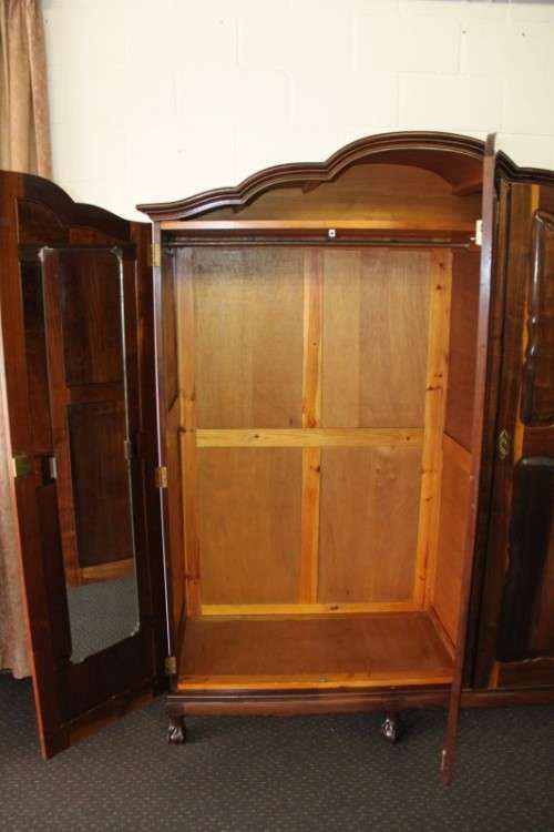 An exquisite gabled three-door solid Imbuia ball & claw wardrobe w/ a full length mirror - RS17Sale