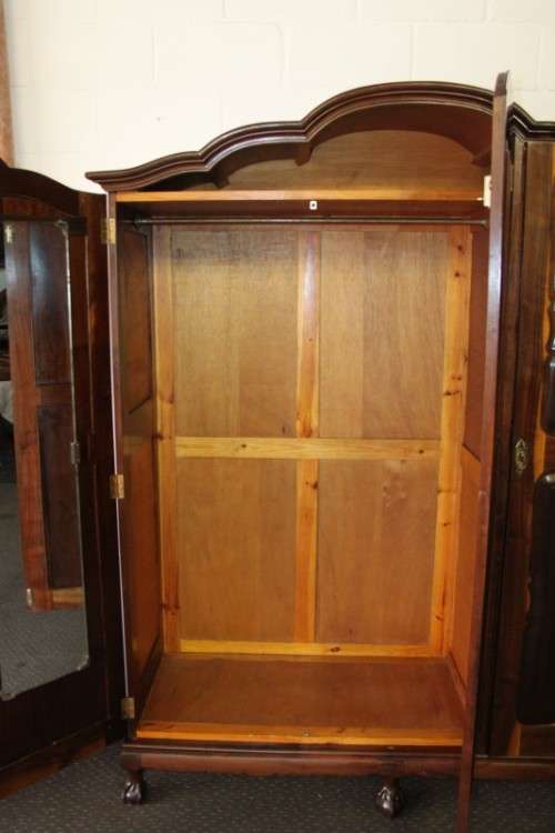 An exquisite gabled three-door solid Imbuia ball & claw wardrobe w/ a full length mirror - RS17Sale