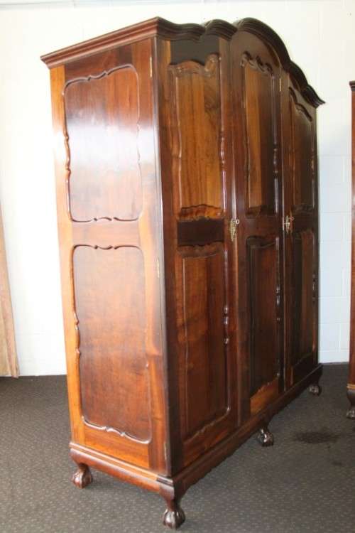 An exquisite gabled three-door solid Imbuia ball & claw wardrobe w/ a full length mirror - RS17Sale