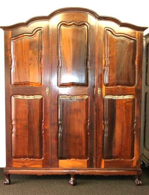 An exquisite gabled three-door solid Imbuia ball & claw wardrobe w/ a full length mirror - RS17Sale