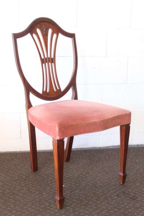 6x spectacular Heppelwhite "fleur-de-lis" shieldback upholstered dining chairs - price/ chair
