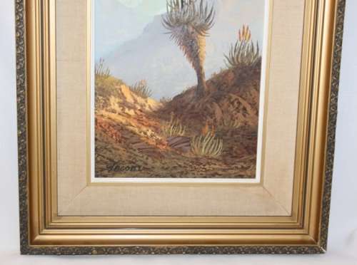 An original Jacobi oil on board painting of African Aloe in the mountains of Northern Transvaal
