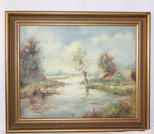 Beautiful framed oil on canvas "lakeside cottage" landscape painting signed by Jonkman - RS17Sale