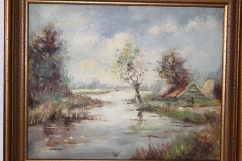 Beautiful framed oil on canvas "lakeside cottage" landscape painting signed by Jonkman - RS17Sale