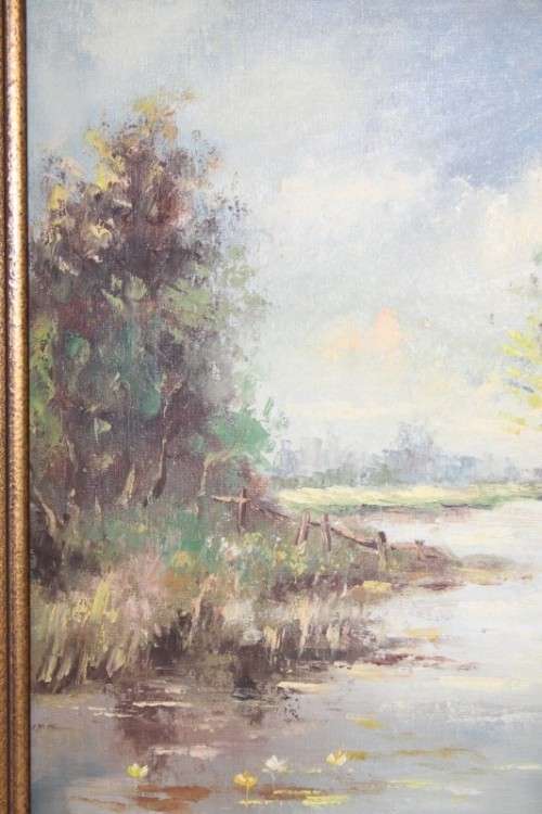 Beautiful framed oil on canvas "lakeside cottage" landscape painting signed by Jonkman - RS17Sale