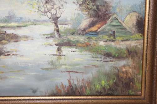Beautiful framed oil on canvas "lakeside cottage" landscape painting signed by Jonkman - RS17Sale