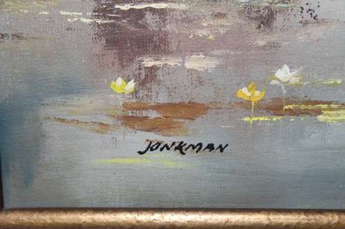 Beautiful framed oil on canvas "lakeside cottage" landscape painting signed by Jonkman - RS17Sale