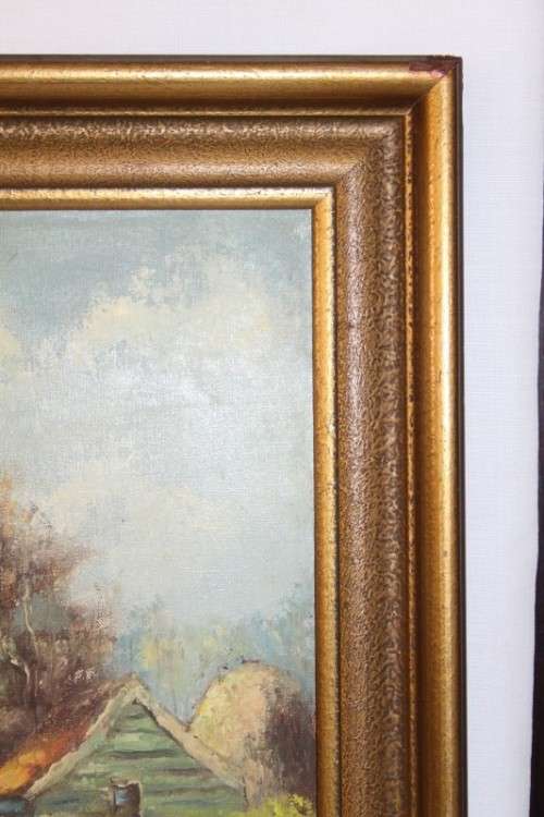 Beautiful framed oil on canvas "lakeside cottage" landscape painting signed by Jonkman - RS17Sale