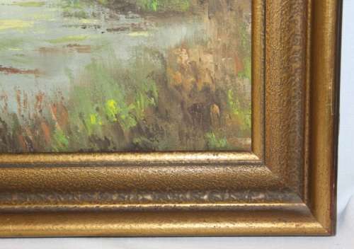 Beautiful framed oil on canvas "lakeside cottage" landscape painting signed by Jonkman - RS17Sale