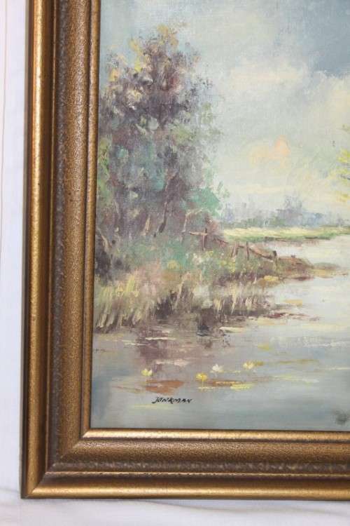 Beautiful framed oil on canvas "lakeside cottage" landscape painting signed by Jonkman - RS17Sale
