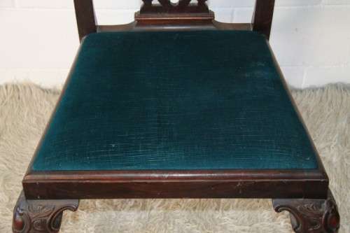 Magnificent antique ball & claw carved dining chair upholstered in a stunning teal fabric - RS17Sale