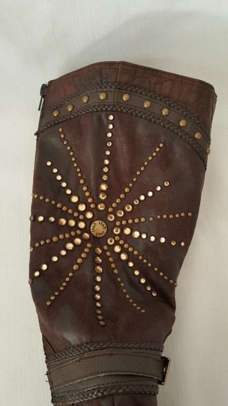 A beautiful and very sexy pair of brown ladies 1to3 mid-calf "studded" stiletto heel zip-up boots